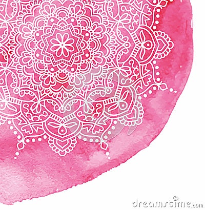Pink watercolor paint background with white hand drawn round doodles and mandalas. design of backdrop Vector Illustration